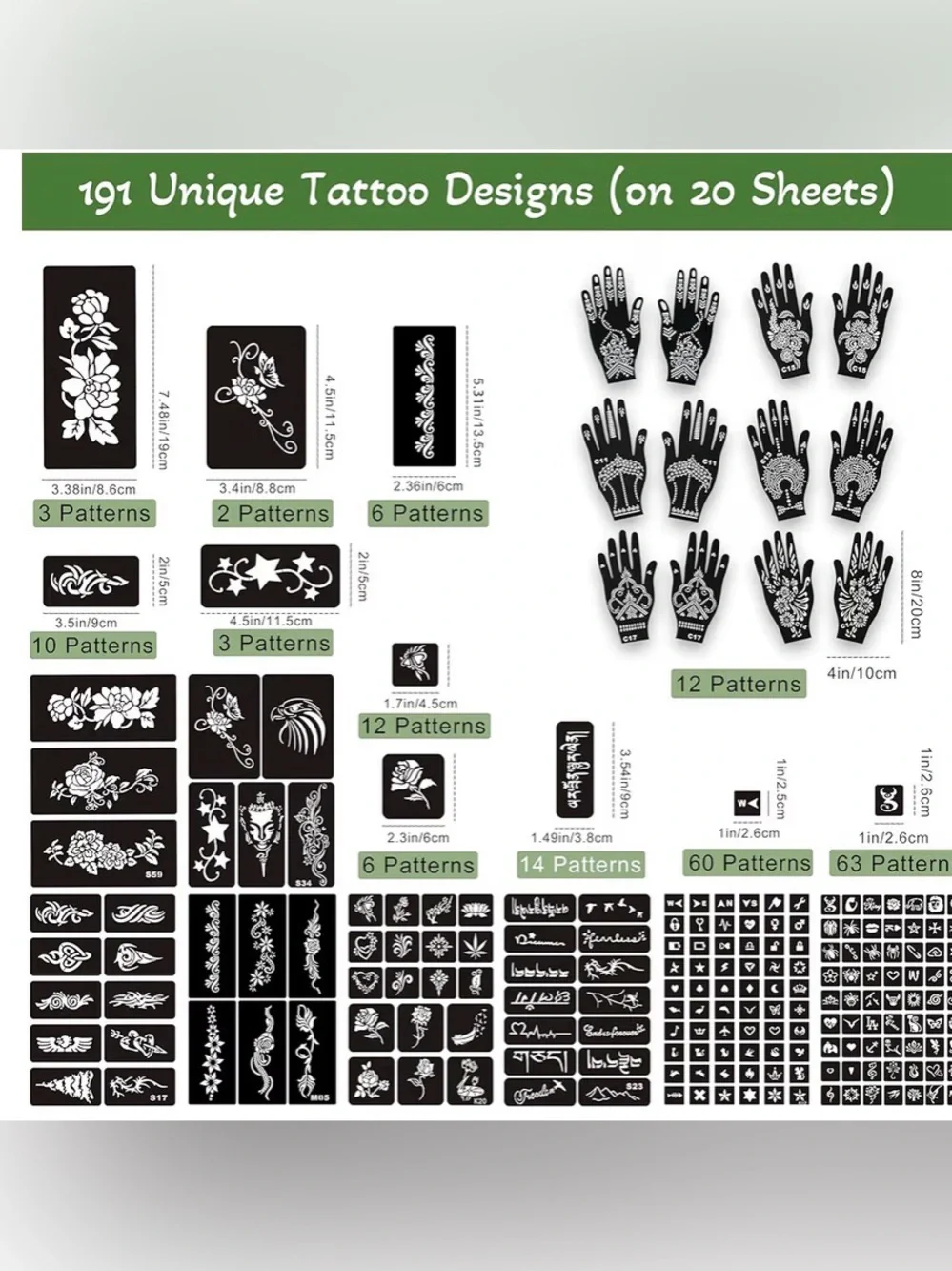 191 PCS Temporary Tattoo Stencils Kit, 6 Standard, 191 Designs & 6 Cones